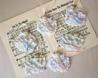 Vintage 1990s Porcelain Christmas Tree Ornaments | Set of 6 Musical Angels | Joy to the World | Peace on Earth | Goodwill Toward Men