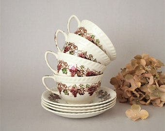 Vintage Empire Grape Cups and Saucers Set of 4 | Johnson Brothers Hand Engraved China | Autumn Themed Tableware