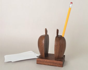 Vintage Pencil and Memo Holder | Wooden Apple Desk Organizer | Modern Office Decor