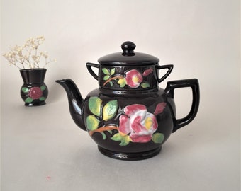 Vintage Redware Stacked Teapot and Sugar Bowl with Floral Design | Brown Teapot with Pink Roses for Herbal Tea