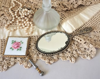 Vintage Purse Mirrors Set of Two | Miniature Hand Mirrors for Pocket or Vanity Decor | Guilloche Back Mirror | Two-Sided Mirror