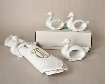 Vintage Porcelain Duck Napkin Rings Set of 4 | Shafford Napkin Rings in Original Box | White Ceramic Napkin Rings for the Modern Farmhouse