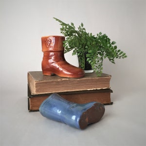 Vintage Miniature Ceramic Boots Blue and Rust | Collectible Redware Tchotchke | Boot Collector Gift