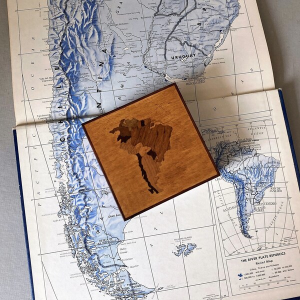 Vintage Marquetry Wooden Box with Map of South America on Lid | Keepsake Box | Desk Accessories