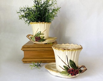 Vintage Midcentury McCoy Planters Leaf and Berry Motif with Faux Twig Handle a Pair