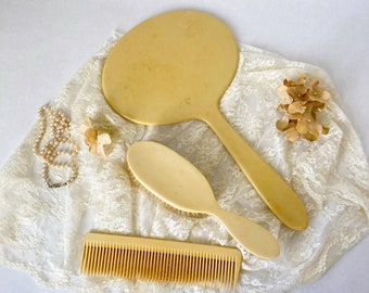 Antique Celluloid Beveled Hand Mirror Hair Brush and Comb | Early 20th Century Pyralin Vanity Accessories | Vintage Dressing Table Decor