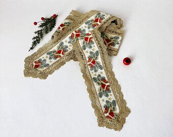 Vintage Christmas Bells Woven Ribbon Trim with Metallic Gold Lace for Use as a Garland Table Accent Wreath Bow 62" x 3.5"