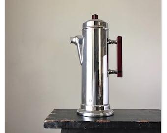 Vintage Stainless Chrome Cocktail Shaker Pitcher With Ruby Red Bakelite Handle and Finial and PJ Monogram