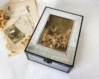 Antique Chrome-Plated Cigar Box with French Lithograph for Repurposing as Keepsake or Document Storage Ca. 1920s