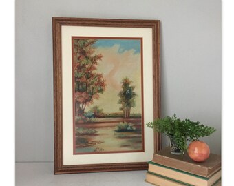 Vintage Original Pastel Autumn Landscape Artist Signed | Large Professionally-Framed Painting Under Glass