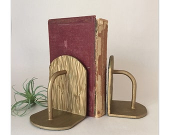 Vintage Cast Metal Modernist Bookends with Gold Finish | Arch Bookends with Handles