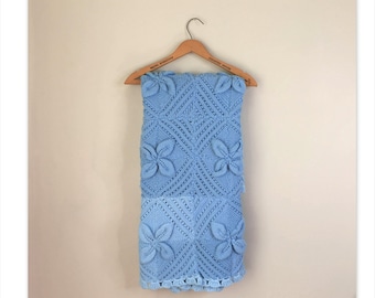 Vintage Hand Knitted Afghan Powder Blue With 3D Floral Motif 43 x 41 Inches