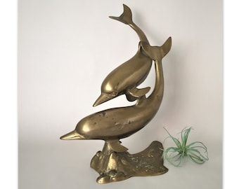 Vintage Brass Dolphin Sculpture | Large 15" Swimming Dolphins Figurine | Coastal Marine Life Decor