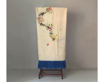 Vintage Throw Blanket with Unfinished Embroidered Flowers  69" x 62.5" | Fringed Woven Coverlet with Wool Yarn Embroidery