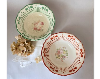 Vintage Homer Laughlin Virginia Rose Vegetable Bowls Set of Two | Red and Green Trimmed 1930s 1940s Serving Bowls