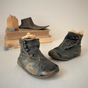 Victorian High-top Baby Shoes | Black Leather Button-up Booties | Turn-of-the-Century Toddler Shoes | Nursery Baby Shower Decor Photo Prop