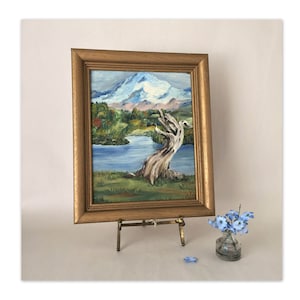 Vintage Oil Painting Mountain Landscape 8 x 10 | Snowy Alpine Lake Scene on Canvas Board | Framed Wall Art
