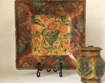 Vintage Papier-mâché Square Bowl Florentine-Style Motif 13″