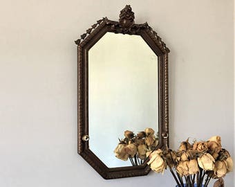 Antique Wall Mirror, Vintage Octagonal Mirror, Powder Room Mirror, Foyer Hall Decor, Plaster on Wood, Looking Glass, Mirror With Knobs