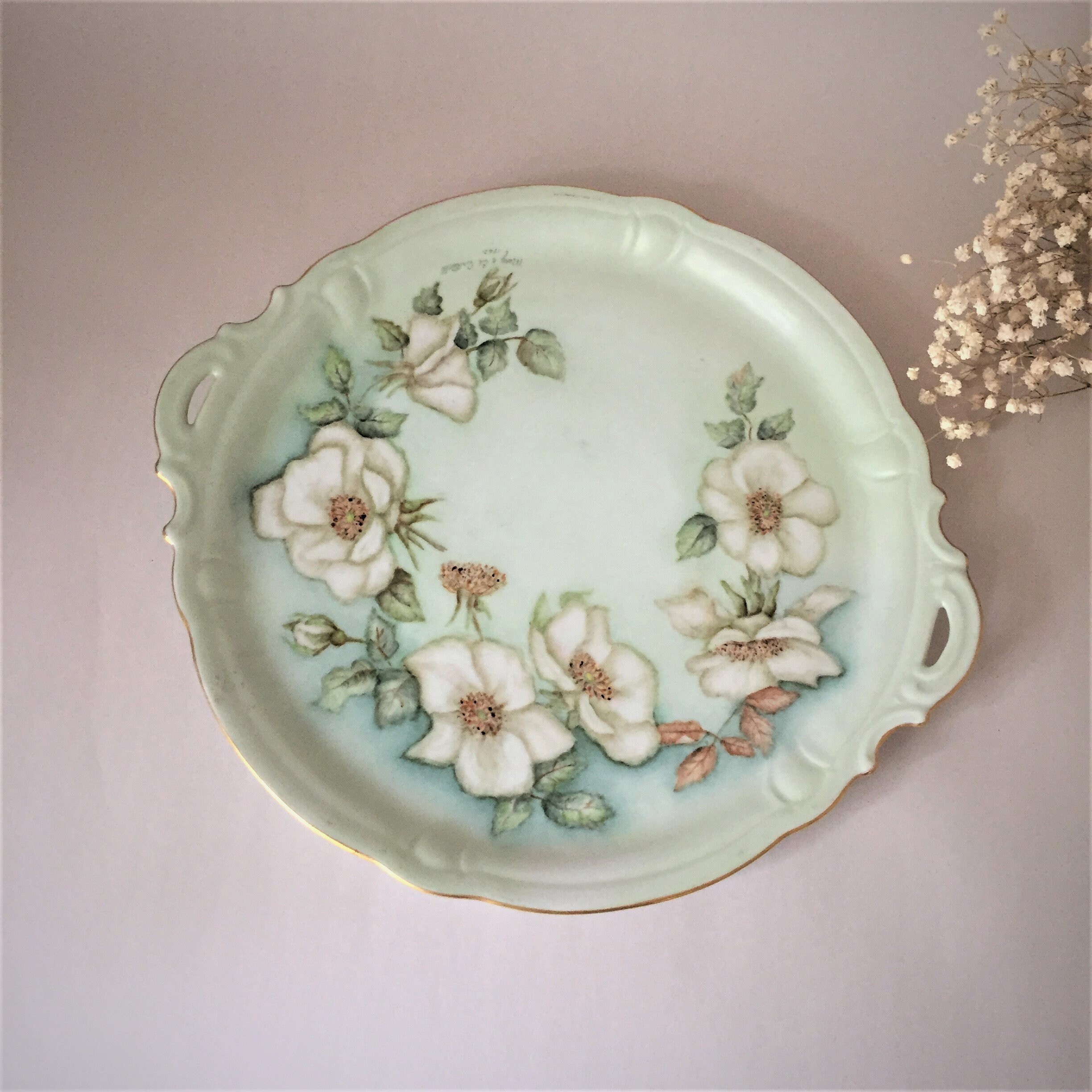Vintage Hand Painted Porcelain Cake Plate with Old Fashioned White 