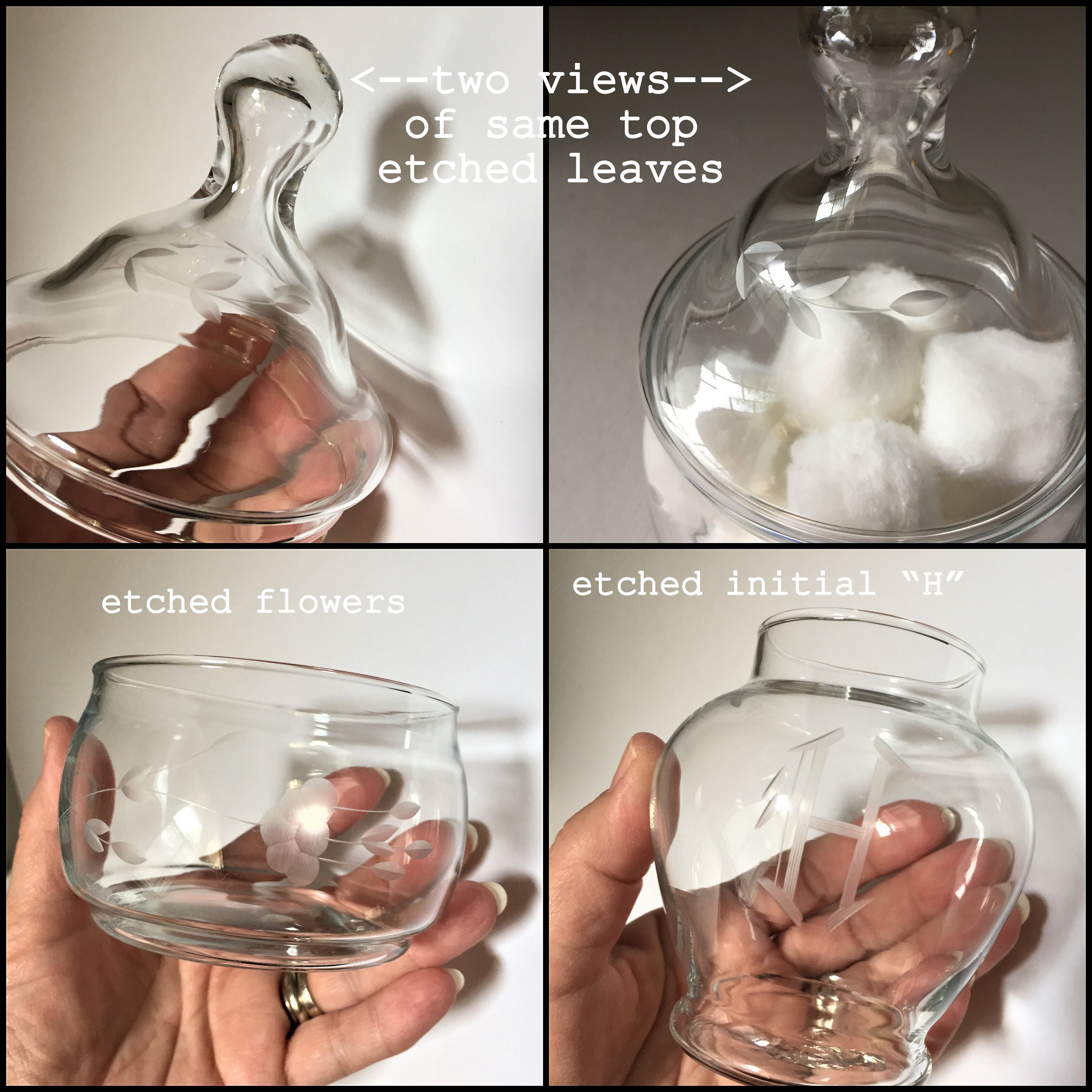 Etched Glass Apothecary Jars, Initial H Monogram Jar With Lid 