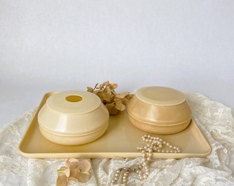 Antique Celluloid Vanity Set | Early 20th Century Dressing Table Accessories | Plastic Dresser Tray Hair Receiver and Powder Jar