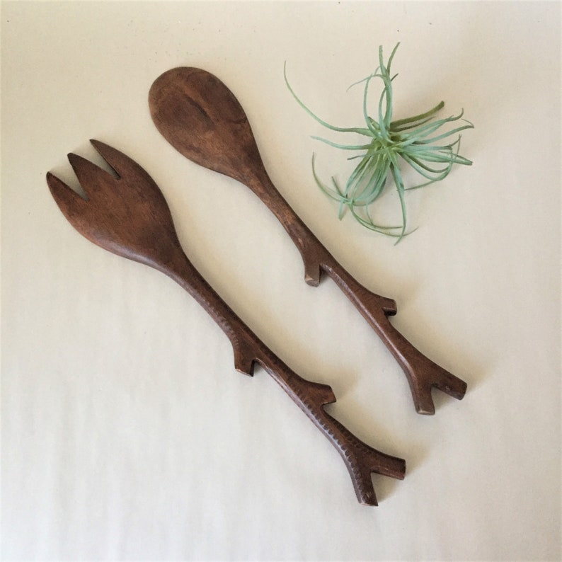 Vintage Wooden Salad Servers With Twigstyle Handles Etsy