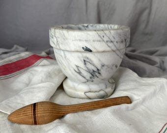 Vintage Marble Mortar with Gray and Black Veining No Pestle Unique Salt Cellar with Spoon