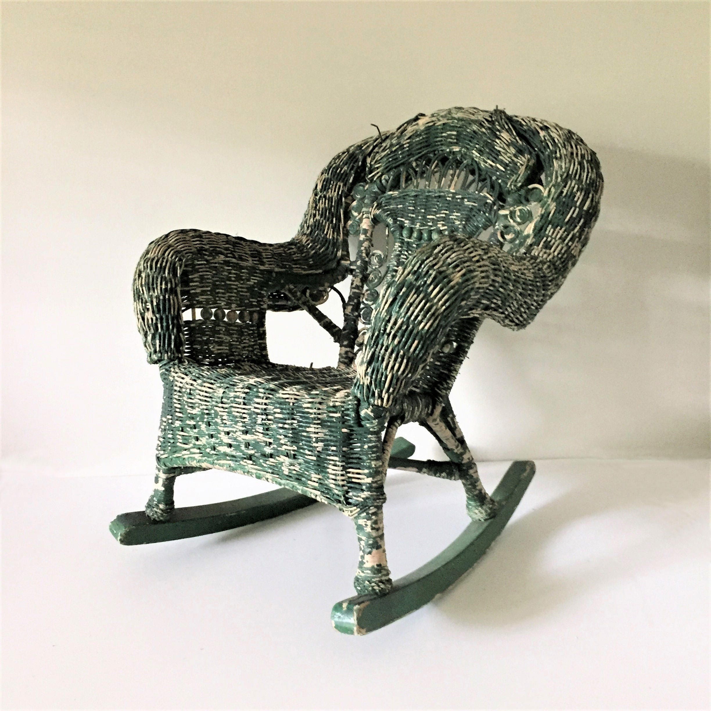 Child's Wicker Rocking Chair Antique Rocker Chippy Green Etsy