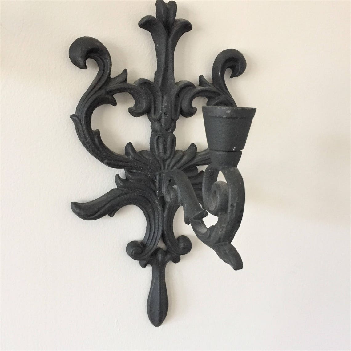 Cast Iron Candle Sconces Pair Vintage Wall Sconces Black Etsy