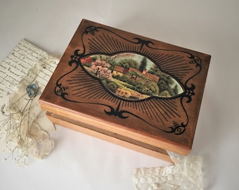 Vintage Wooden Keepsake Box with Decoupaged Cottage Scene on Lid and Art Nouveau Style Embellishments