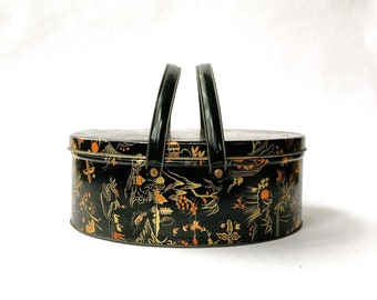 Vintage Chinoiserie Oval Sewing Tin with Double Handles Orange and Gold on Black Background 11" Long