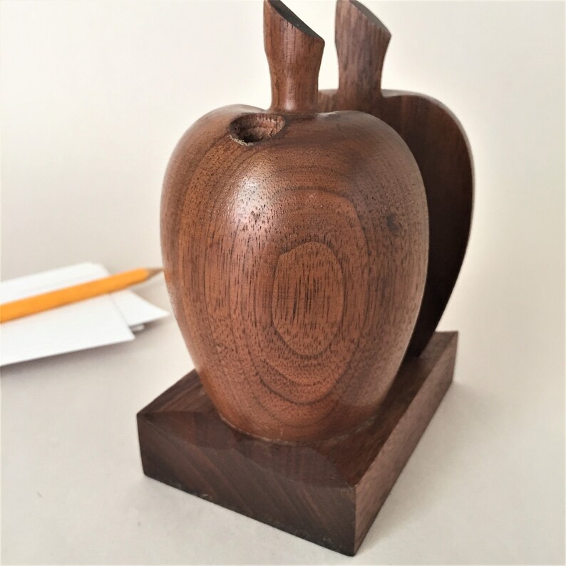 Vintage Pencil and Memo Holder Wooden Apple Desk Organizer Modern Office Decor image 5