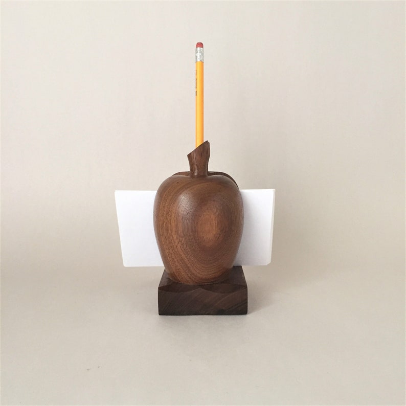 Vintage Pencil and Memo Holder Wooden Apple Desk Organizer Modern Office Decor image 3