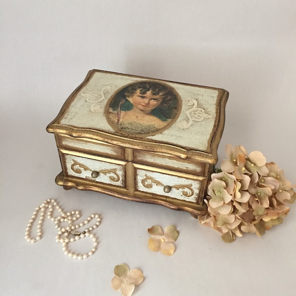 Vintage Florentine Style Musical Jewelry Box | Miss Murray by Sir Thomas Lawrence Music Box with Tray