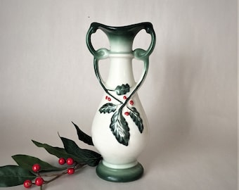 Vintage Art Nouveau Style Porcelain Vase with Green and Red Embellishments | Ceramic Bud Vase for Holiday Decor | Hand Painted Urn Vase