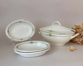 Antique Ridgways Gravy Boat with Lid and Three Condiment Bowls Dinant Pattern Royal Semi Porcelain | Early 1900s English Serveware