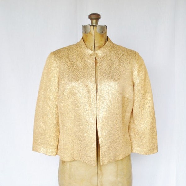 Vintage Women's Gold Brocade Jacket, Cropped Party Jacket, 1950s Gold Jacket