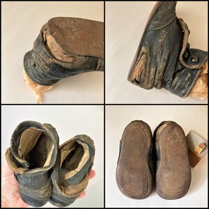 May include: Four vintage leather baby shoes. Two are black leather boots with laces and two are black leather slippers. The shoes are worn and have a distressed look.