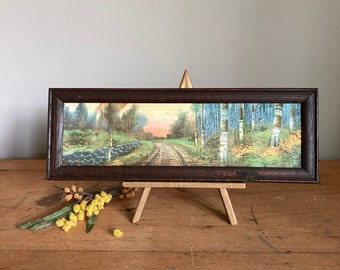 Vintage to Antique Landscape Print with Birch Trees in Older Hardwood Frame 15.25" x 5.25"
