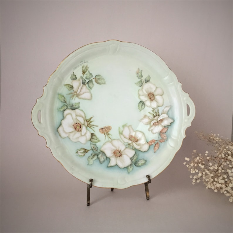 Vintage Hand Painted Porcelain Cake Plate With Old Fashioned Etsy