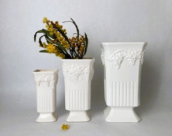 Vintage Trio of Nesting Ceramic Vases with Grape Motif | Three White Vases Made in Japan