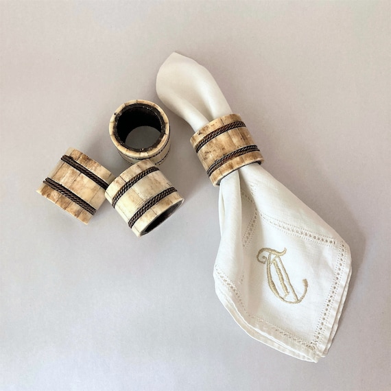 Vintage Bone and Brass Napkin Rings Set of 4 Hand Crafted Natural