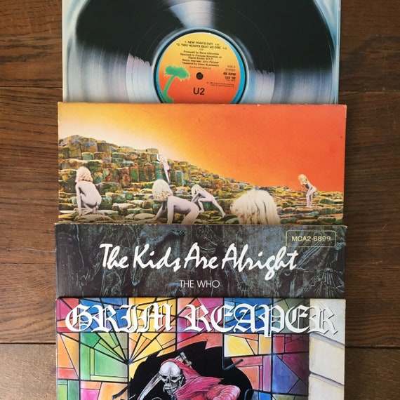 Four Vintage 1970s and 1980s Rock Record Albums 33 and 45 RPM