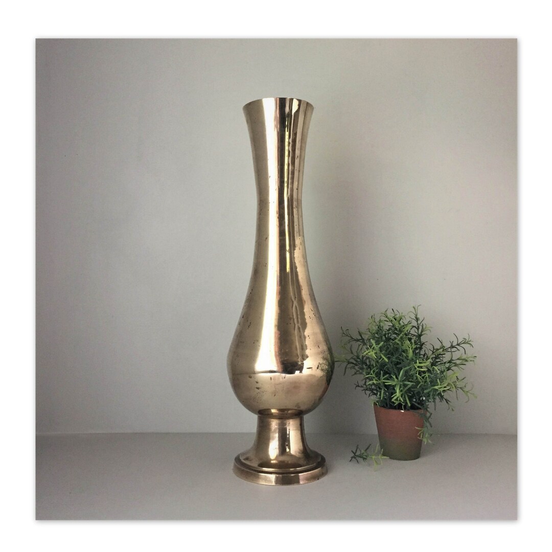 Vintage 24 Brass Floor Vase Extra Tall Metal Flower Vase Oversized Gold