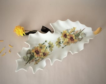Vintage Old Nuremberg Bavaria Leaf-Shaped Dish with Yellow Floral Motif and Gold Stem | German Porcelain Candy Dish