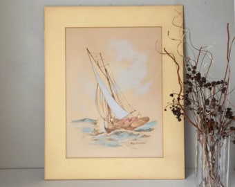 Original Vintage Pastel Drawing of Sailboat in Rough Waters by Frank Eggleston | Coastal or Nautical Decor | Beach House Seashore Art