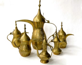 Vintage Dallah Coffee Pot Set from Saudi Arabia Five Pieces in Three Sizes Plus One Smaller One from India