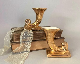 Vintage Weeping 24K Gold Cornucopia Vases a Pair | Mid Century Miniature Vases | Glam Horn Cabinet Vases