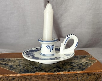Vintage Ceramic Delft Blue Chamberstick for Classic Blue and White Decor